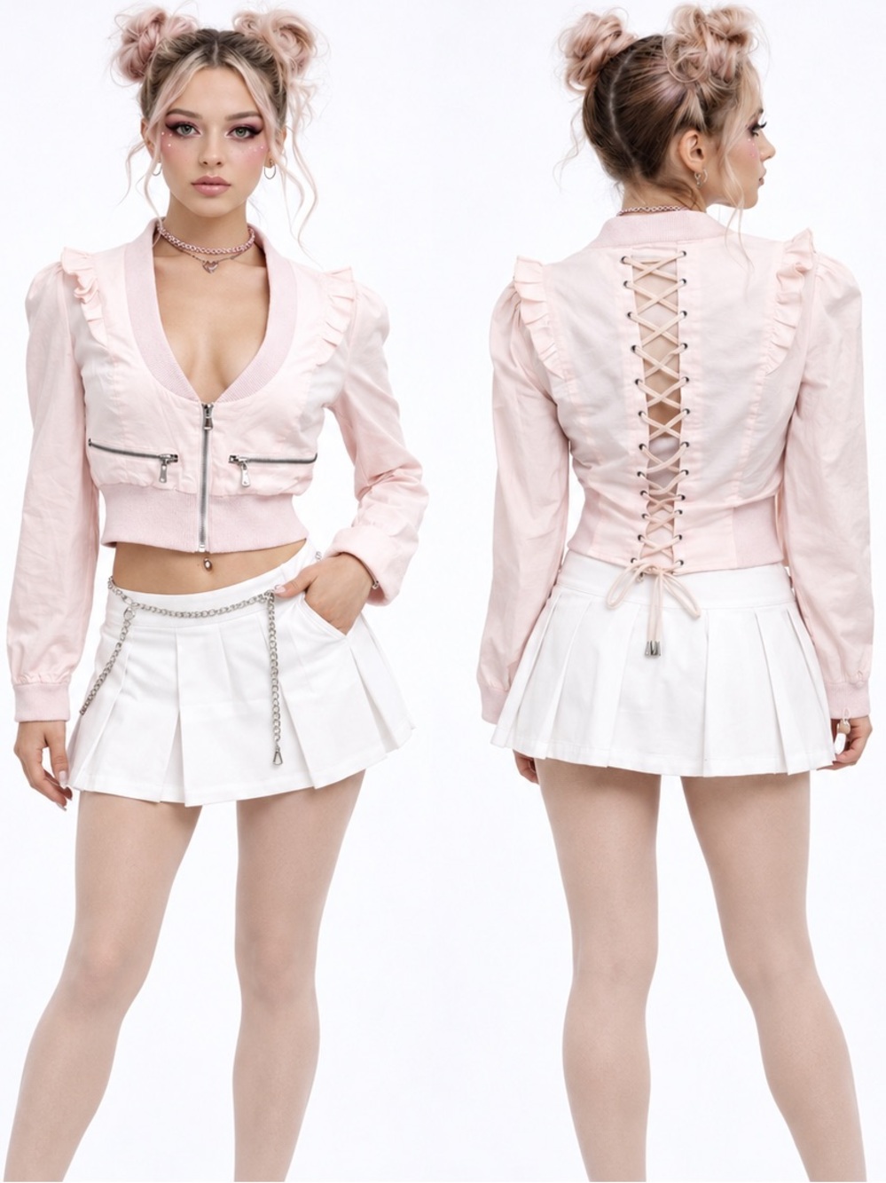SUGARFLY Corset Back Ruffle Crop Bomber Jacket Lace Up Bubblegum Pastel Pink M
